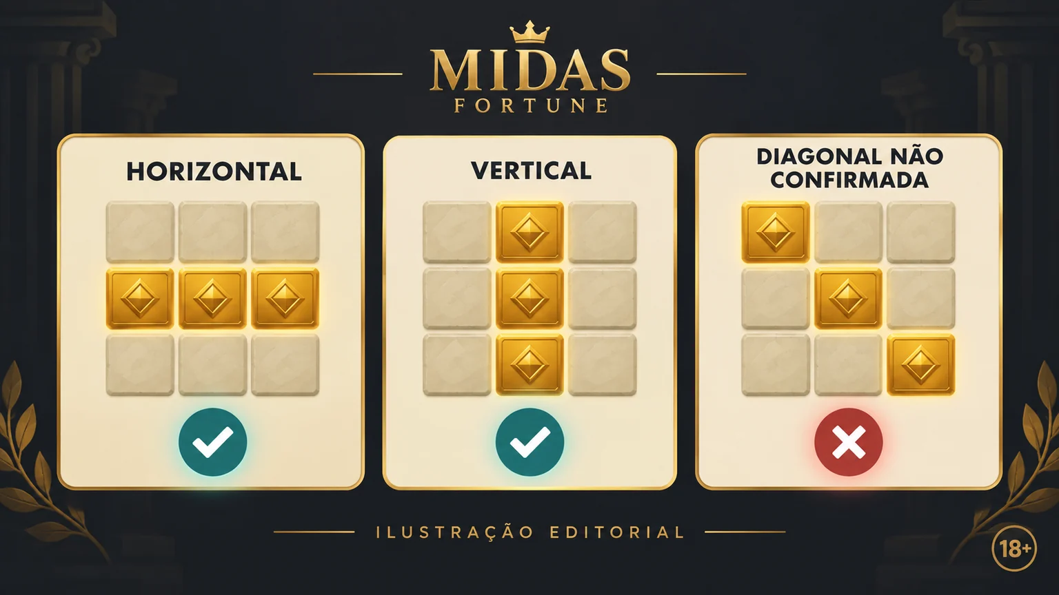 Exemplo ilustrativo de adjacência horizontal e vertical de símbolos dourados
