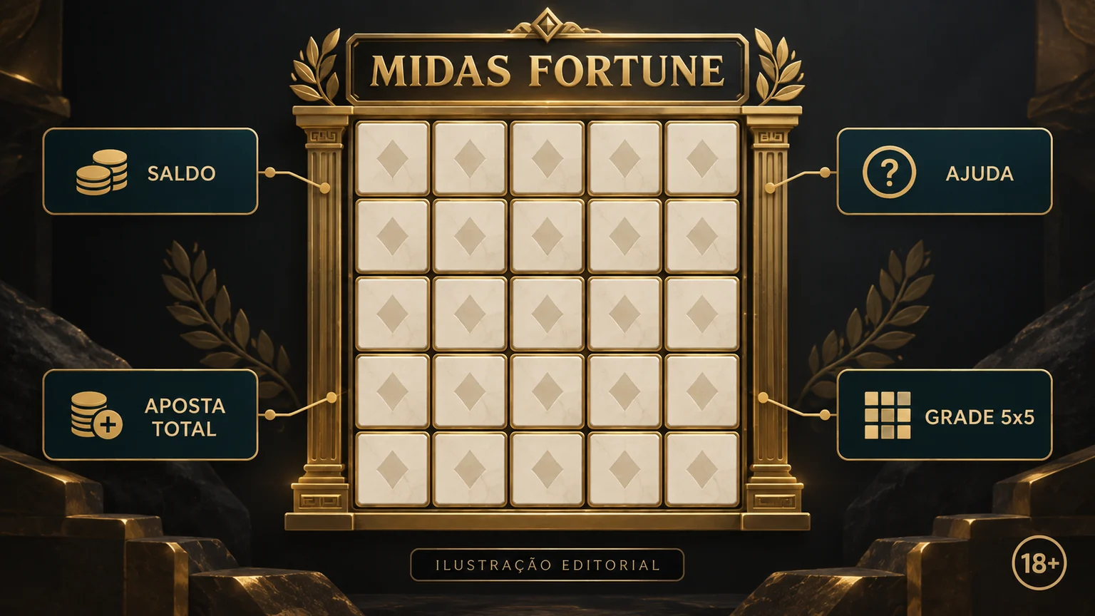 Mapa ilustrativo dos controles e da grade 5x5 do Midas Fortune